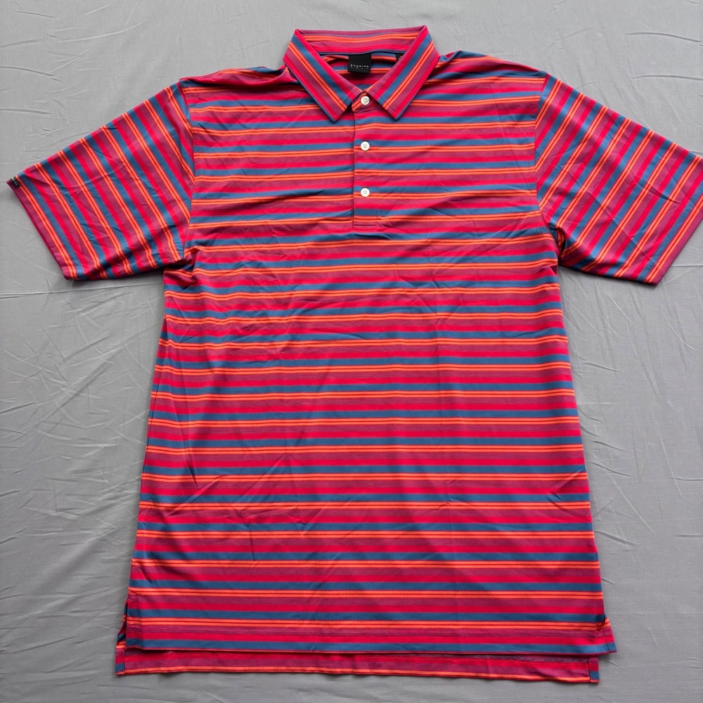 Dunning Golf Mens XL Red Orange Blue Striped Performance Polo Shirt Short Sleeve